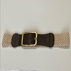 Beige and Brown Woven Stretch Belt with Gold Buckle